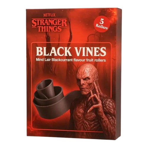 STRANGER THINGS BLACK VINES MIND LAIR BLACKCURRANT FLAVOUR FRUIT ROLLERS EC TT